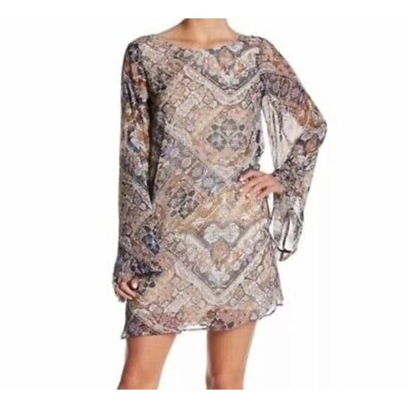 Show Me Your MuMu Sheer Bell Sleeve Boho Pattern Dress Mini Lined Bohemian Flowy - Picture 6 of 6